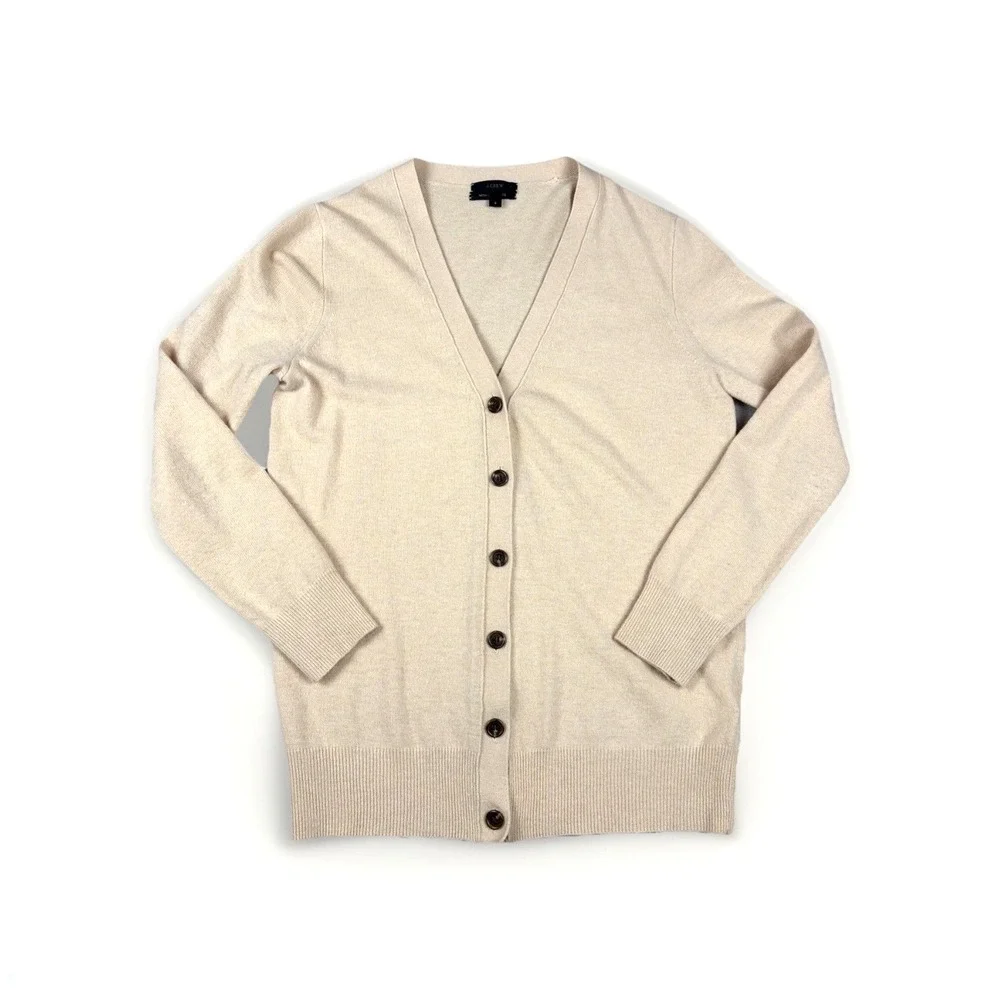 J.Crew Cardigan Sweater Womens Small Beige Wool Cashmere Blend V-Neck E1318